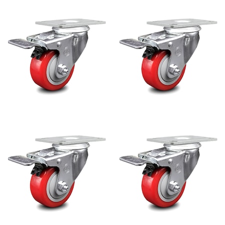 Service Caster 3.5 Inch Red Polyurethane Swivel Top Plate Caster Set with Total Lock Brake SCC-TTL20S3514-PPUB-RED-4